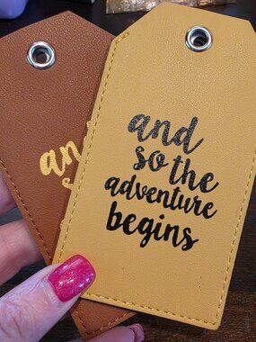 NEW BROWN PU Leather AND SO THE ADVENTURE BEGINS Privacy Luggage Tags x 2